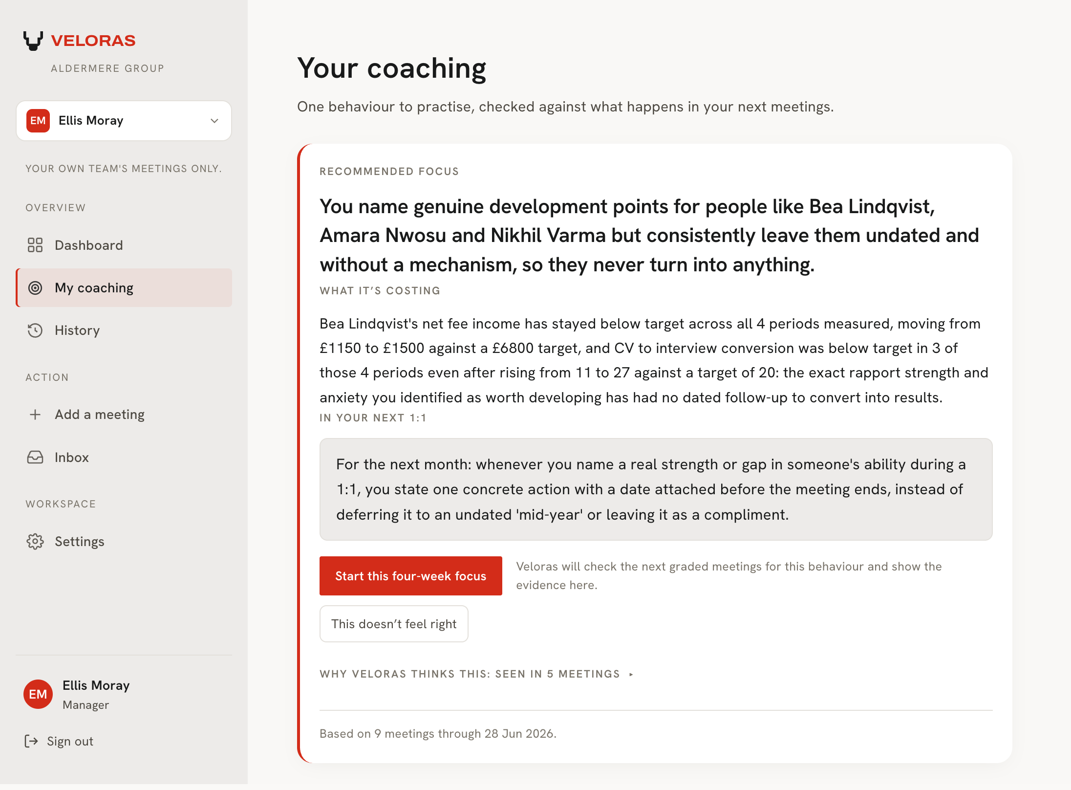 Ellis Moray's private coaching page: one recommended focus drawn from nine graded meetings, what the habit is costing in the team's numbers, and the one thing to do differently in the next one-to-one.